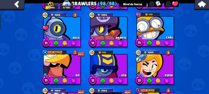 82 BRAWL! CUENTA CON 41880 COPAS! 34 BRAWLERS CON HIPERCARGA! 3 BRAWLERS CON FUERZA MÁXIMA! 9 BRAWLERS CON ASPECTO LEGENDARIO DESBLOQUEADOS! 4 BRAWLERS CON ASPECTO DE HIPERCARGA ADQUIRIDOS! 98/98 BRAWLERS DESBLOQUEADOS! Y MUCHÍSIMOS GADGETS Y...