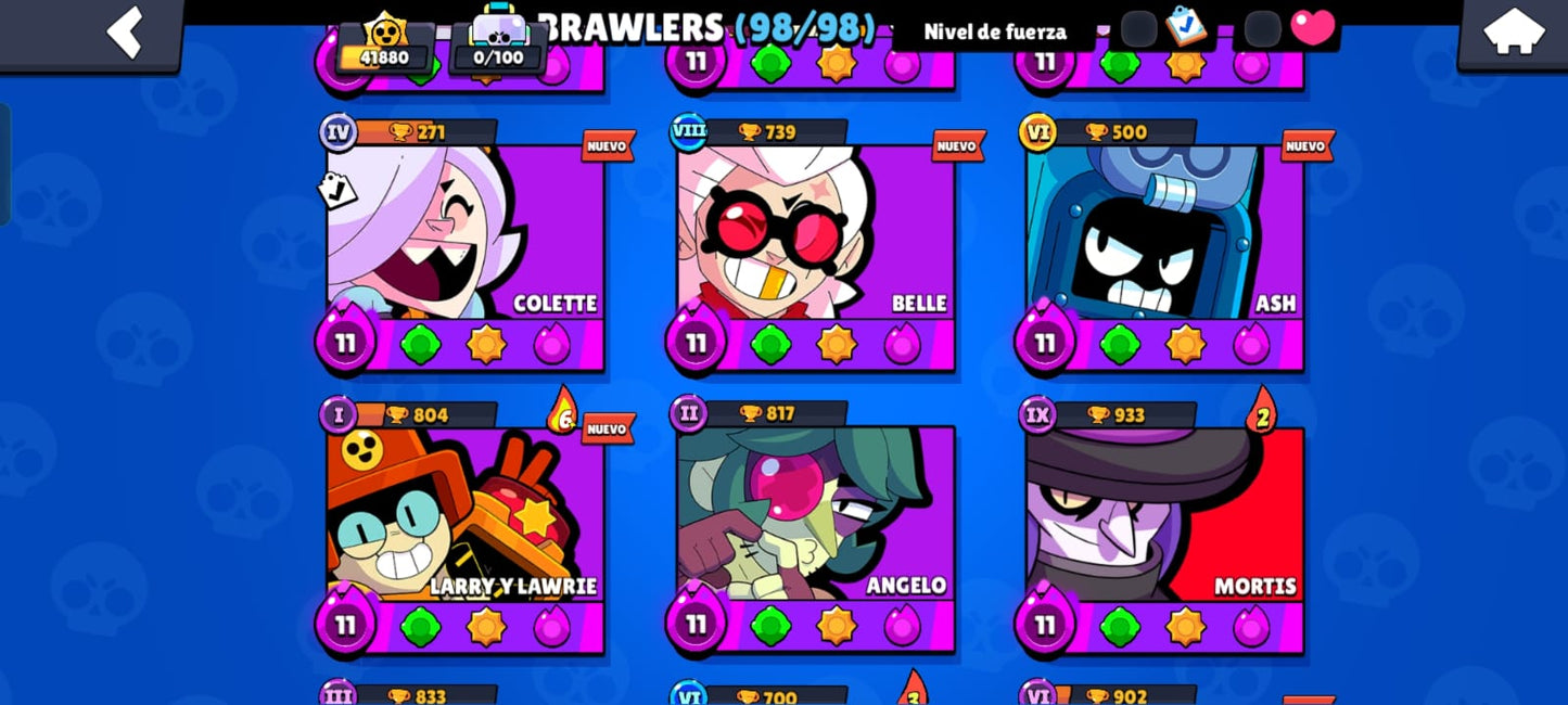 82 BRAWL! CUENTA CON 41880 COPAS! 34 BRAWLERS CON HIPERCARGA! 3 BRAWLERS CON FUERZA MÁXIMA! 9 BRAWLERS CON ASPECTO LEGENDARIO DESBLOQUEADOS! 4 BRAWLERS CON ASPECTO DE HIPERCARGA ADQUIRIDOS! 98/98 BRAWLERS DESBLOQUEADOS! Y MUCHÍSIMOS GADGETS Y...