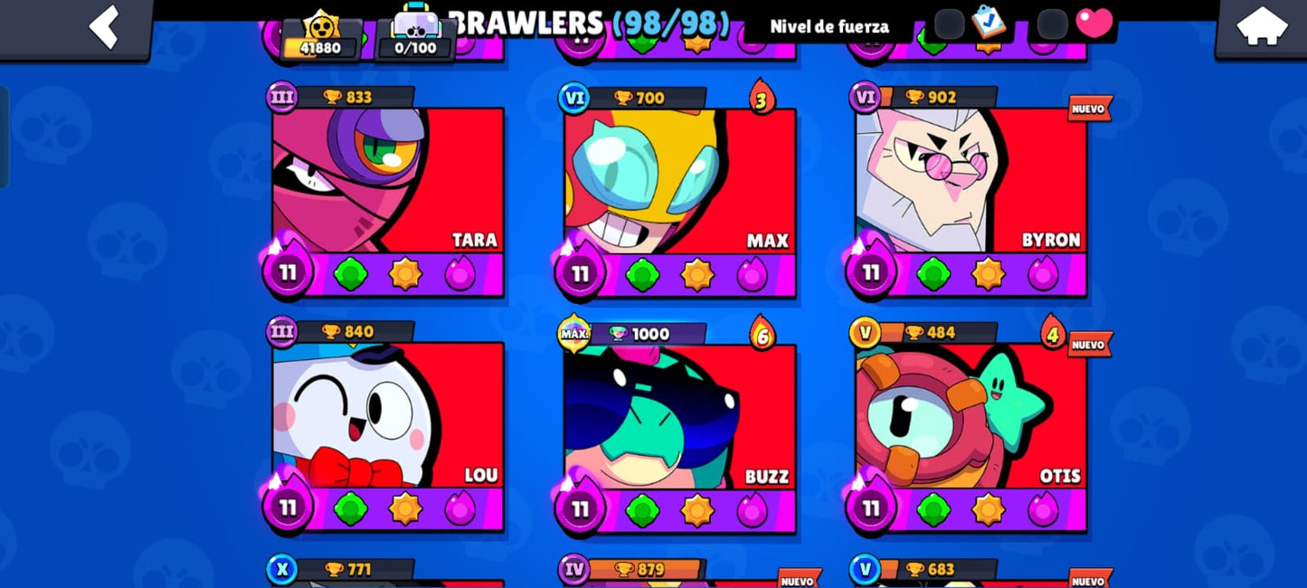 82 BRAWL! CUENTA CON 41880 COPAS! 34 BRAWLERS CON HIPERCARGA! 3 BRAWLERS CON FUERZA MÁXIMA! 9 BRAWLERS CON ASPECTO LEGENDARIO DESBLOQUEADOS! 4 BRAWLERS CON ASPECTO DE HIPERCARGA ADQUIRIDOS! 98/98 BRAWLERS DESBLOQUEADOS! Y MUCHÍSIMOS GADGETS Y...