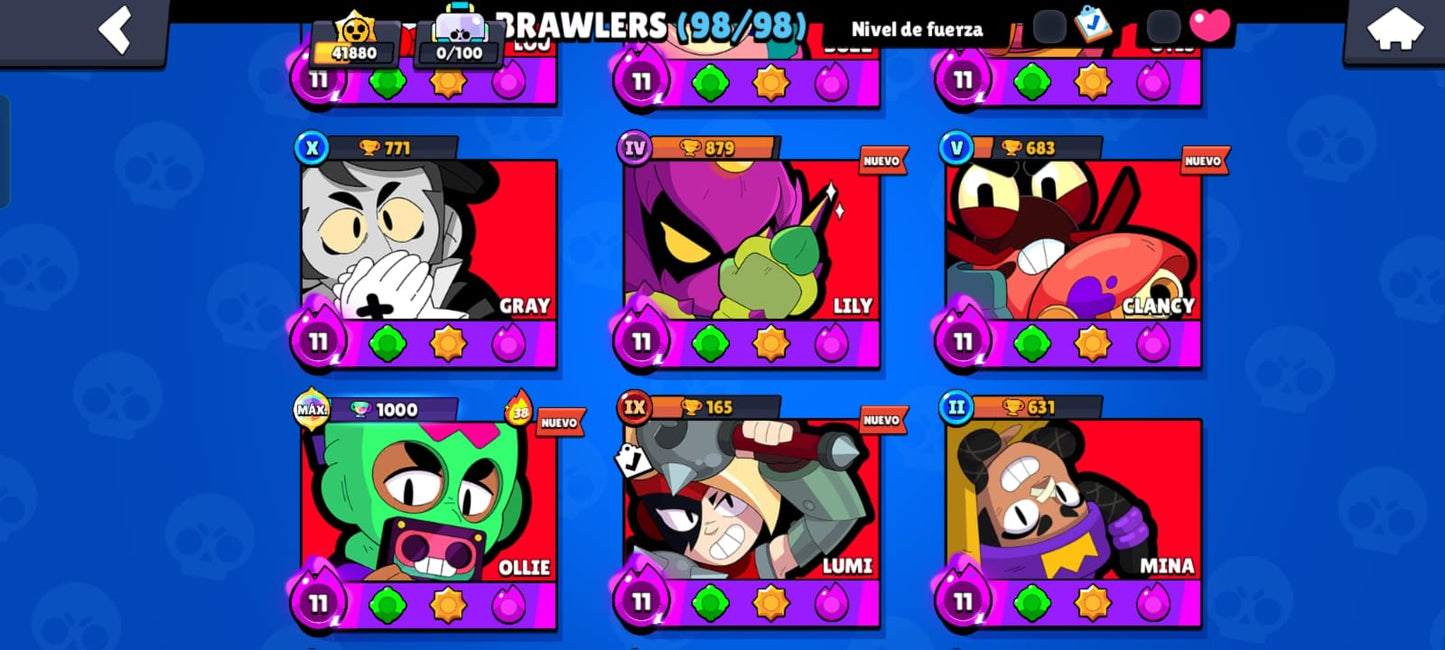 82 BRAWL! CUENTA CON 41880 COPAS! 34 BRAWLERS CON HIPERCARGA! 3 BRAWLERS CON FUERZA MÁXIMA! 9 BRAWLERS CON ASPECTO LEGENDARIO DESBLOQUEADOS! 4 BRAWLERS CON ASPECTO DE HIPERCARGA ADQUIRIDOS! 98/98 BRAWLERS DESBLOQUEADOS! Y MUCHÍSIMOS GADGETS Y...