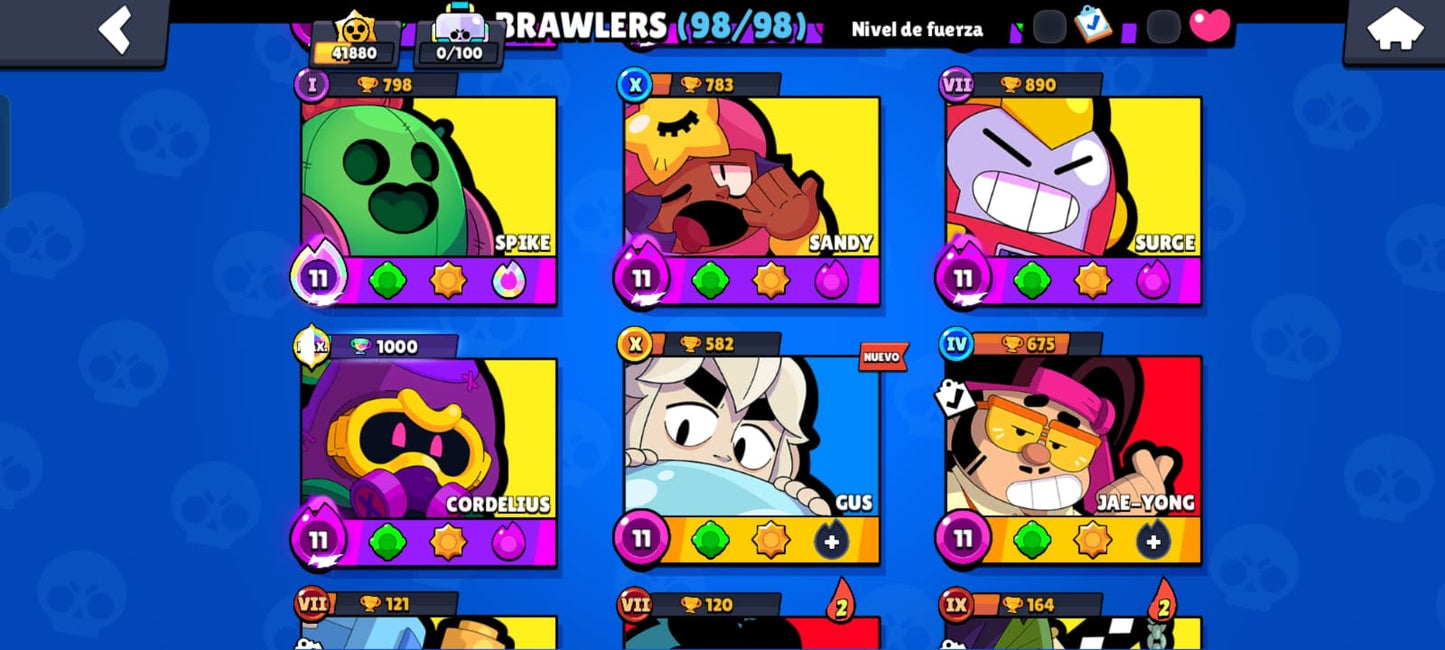 82 BRAWL! CUENTA CON 41880 COPAS! 34 BRAWLERS CON HIPERCARGA! 3 BRAWLERS CON FUERZA MÁXIMA! 9 BRAWLERS CON ASPECTO LEGENDARIO DESBLOQUEADOS! 4 BRAWLERS CON ASPECTO DE HIPERCARGA ADQUIRIDOS! 98/98 BRAWLERS DESBLOQUEADOS! Y MUCHÍSIMOS GADGETS Y...