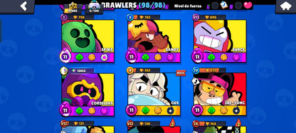 82 BRAWL! CUENTA CON 41880 COPAS! 34 BRAWLERS CON HIPERCARGA! 3 BRAWLERS CON FUERZA MÁXIMA! 9 BRAWLERS CON ASPECTO LEGENDARIO DESBLOQUEADOS! 4 BRAWLERS CON ASPECTO DE HIPERCARGA ADQUIRIDOS! 98/98 BRAWLERS DESBLOQUEADOS! Y MUCHÍSIMOS GADGETS Y...