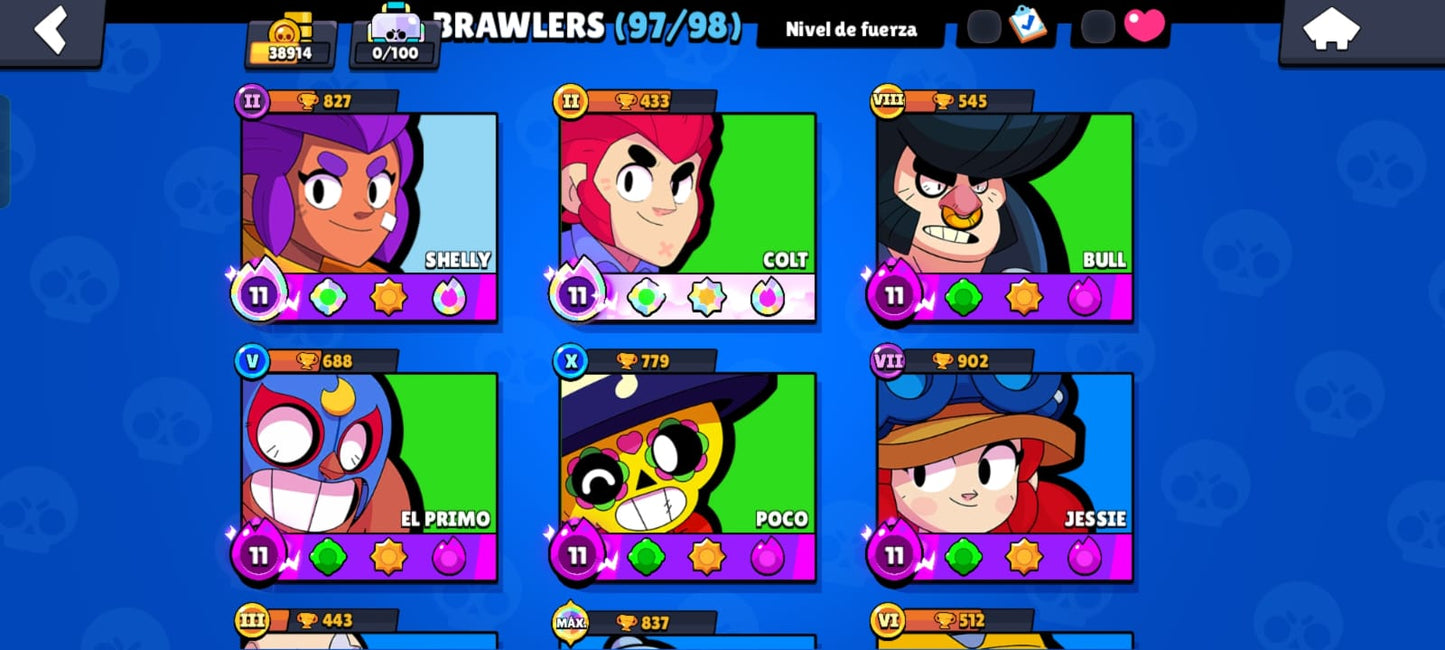 84 BRAWL! CUENTA CON 38914 COPAS! 36 BRAWLERS CON HIPERCARGA! 3 BRAWLERS CON FUERZA MÁXIMA! DOS ASPECTOS LEGENDARIOS! 5 ASPECTOS DE HIPERCARGA! MUCHAS HABILIDADES ESTELARES! (799 MX) @everyone