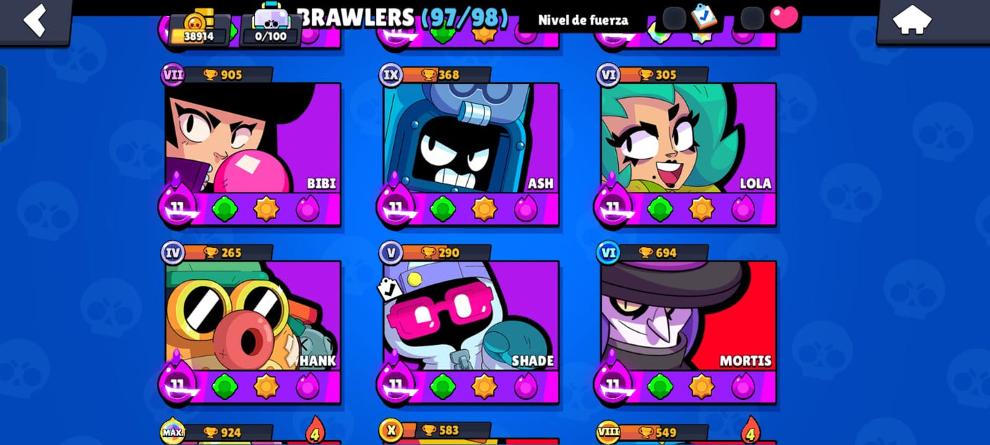 84 BRAWL! CUENTA CON 38914 COPAS! 36 BRAWLERS CON HIPERCARGA! 3 BRAWLERS CON FUERZA MÁXIMA! DOS ASPECTOS LEGENDARIOS! 5 ASPECTOS DE HIPERCARGA! MUCHAS HABILIDADES ESTELARES! (799 MX) @everyone