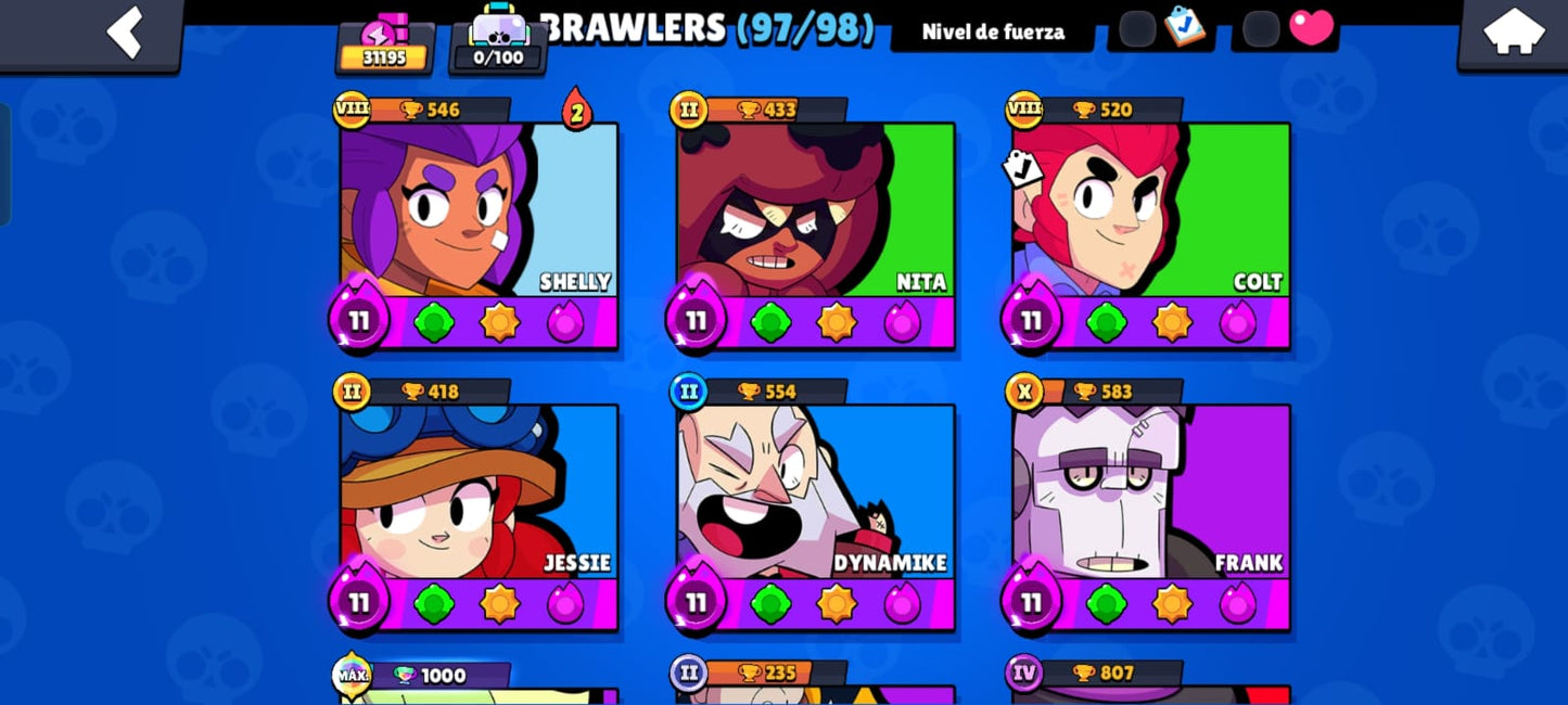 85 BRAWL! CUENTA CON 31195 COPAS! 18 BRAWLERS CON HIPERCARGA! 13 BRAWLERS CON FUERZA MÁXIMA! 3 ASPECTOS LEGENDARIOS! 10 ASPECTOS DE HIPERCARGA! (549 MX) @everyone