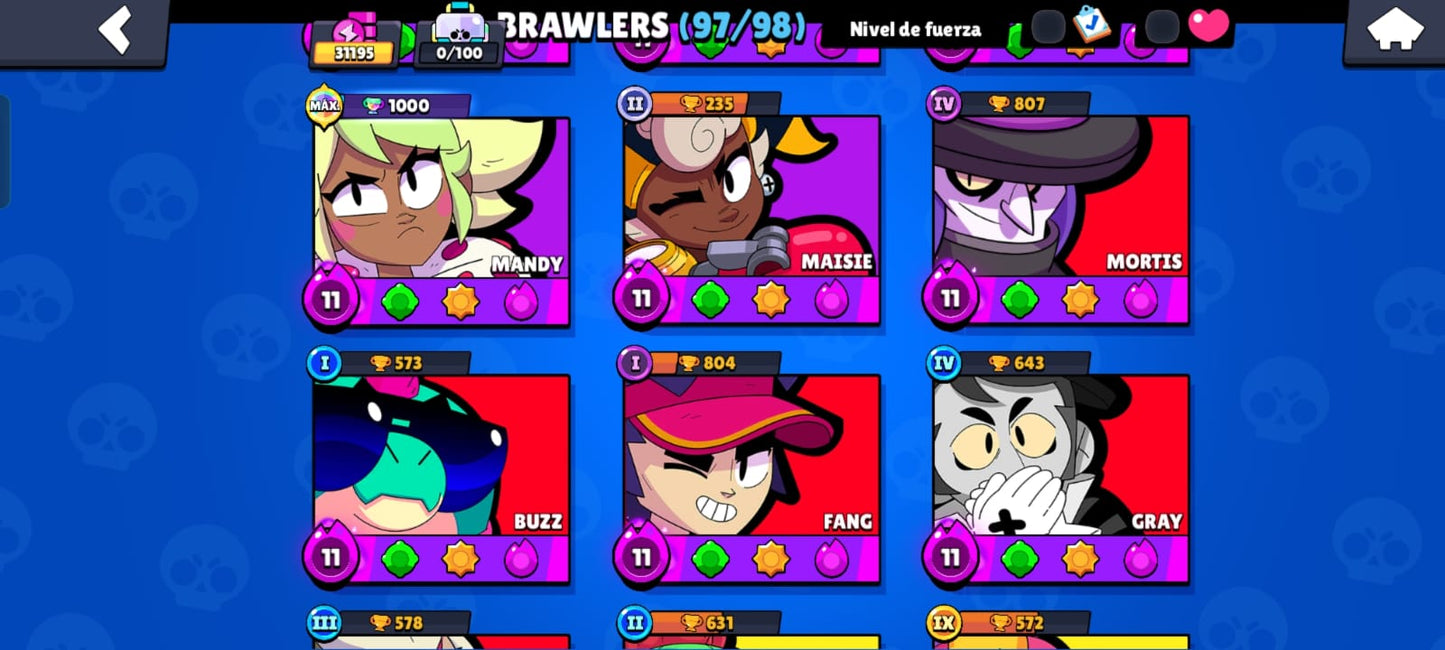 85 BRAWL! CUENTA CON 31195 COPAS! 18 BRAWLERS CON HIPERCARGA! 13 BRAWLERS CON FUERZA MÁXIMA! 3 ASPECTOS LEGENDARIOS! 10 ASPECTOS DE HIPERCARGA! (549 MX) @everyone