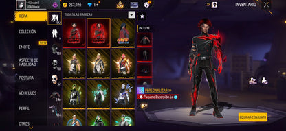 246 FREE FIRE!! CUENTA MIXTA CON 6 EVOS! Y BUENAS ARMAS!! MAS DE 200 PECHOS!! CUELLO DE TORTUGA! TRAJES DE NARUTO! SCORPION! MUCHA ROPA DE EVENTO!! ANGELICALES DE HOMBRE Y MUJER!! PERFECTA PARA COMBINAR CON TODO! REGION: EEUU (1099mx)