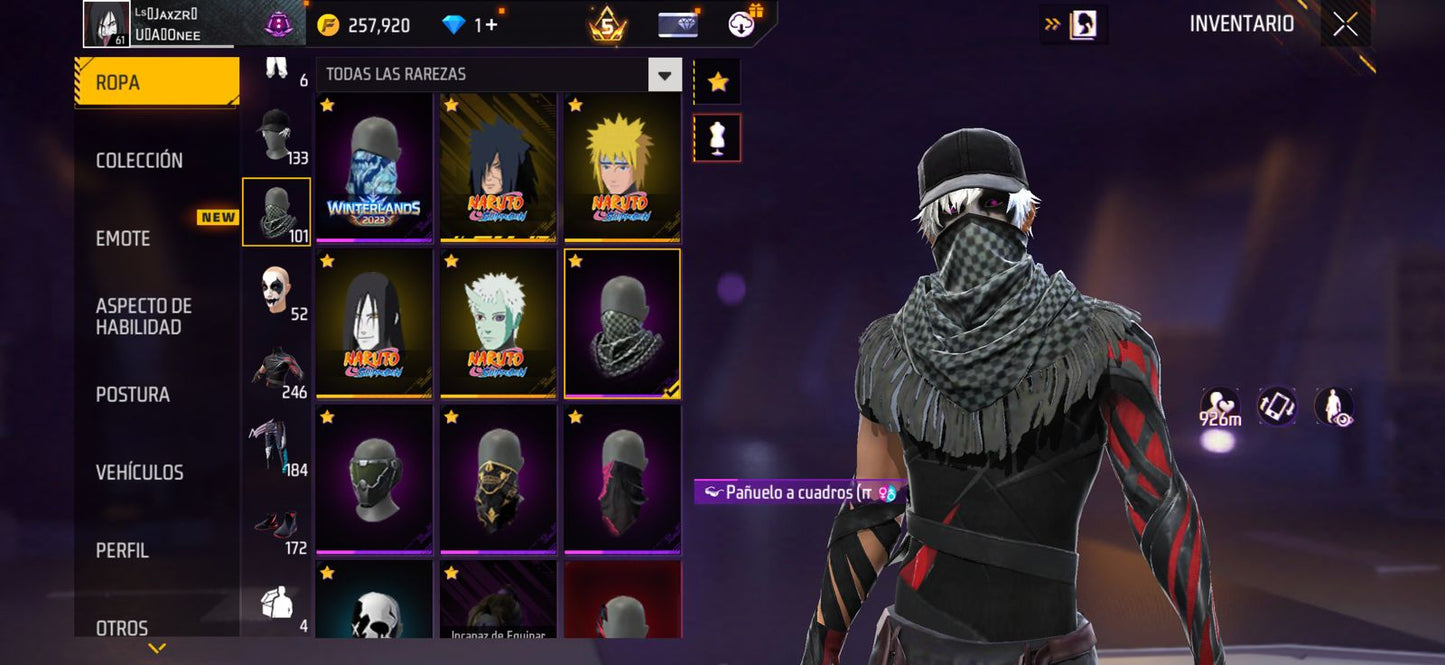 246 FREE FIRE!! CUENTA MIXTA CON 6 EVOS! Y BUENAS ARMAS!! MAS DE 200 PECHOS!! CUELLO DE TORTUGA! TRAJES DE NARUTO! SCORPION! MUCHA ROPA DE EVENTO!! ANGELICALES DE HOMBRE Y MUJER!! PERFECTA PARA COMBINAR CON TODO! REGION: EEUU (1099mx)