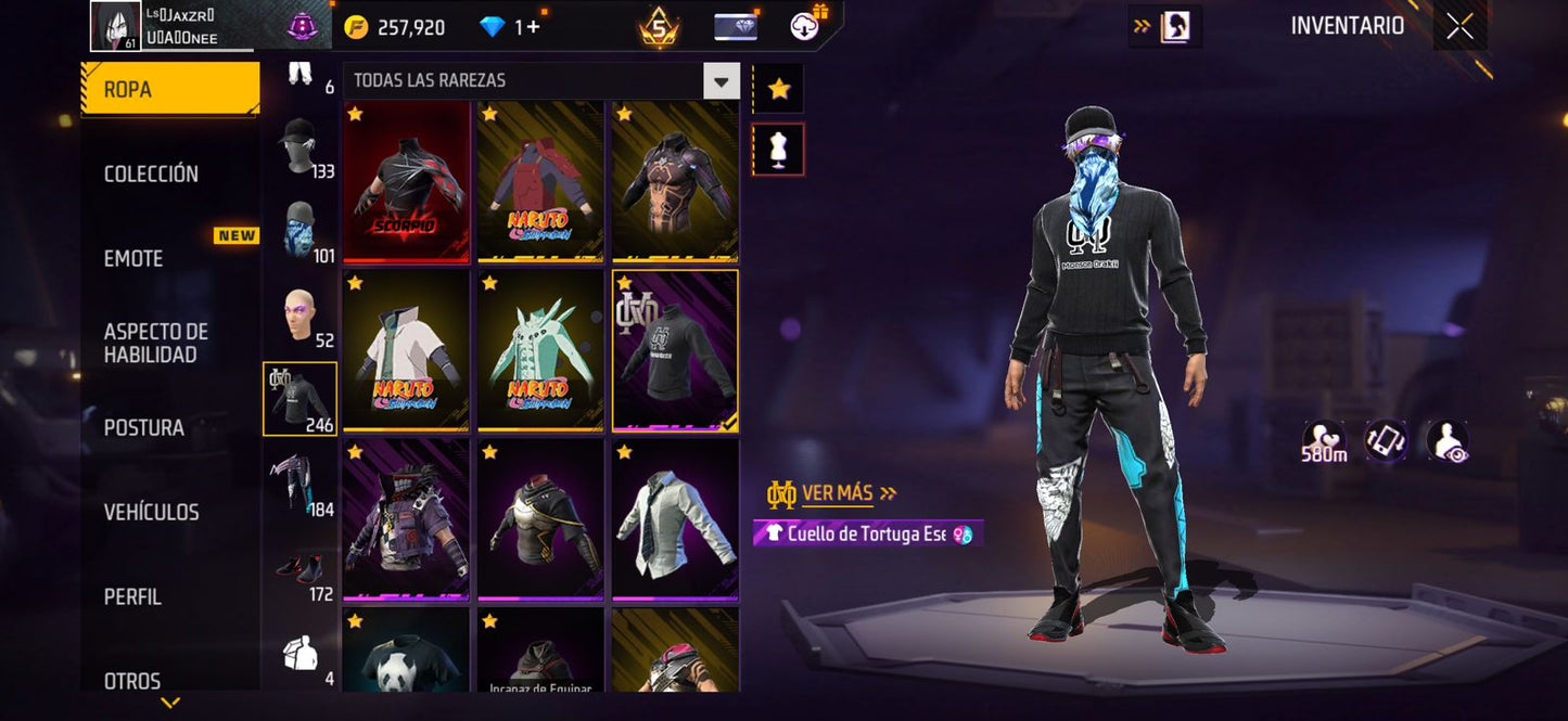 246 FREE FIRE!! CUENTA MIXTA CON 6 EVOS! Y BUENAS ARMAS!! MAS DE 200 PECHOS!! CUELLO DE TORTUGA! TRAJES DE NARUTO! SCORPION! MUCHA ROPA DE EVENTO!! ANGELICALES DE HOMBRE Y MUJER!! PERFECTA PARA COMBINAR CON TODO! REGION: EEUU (1099mx)