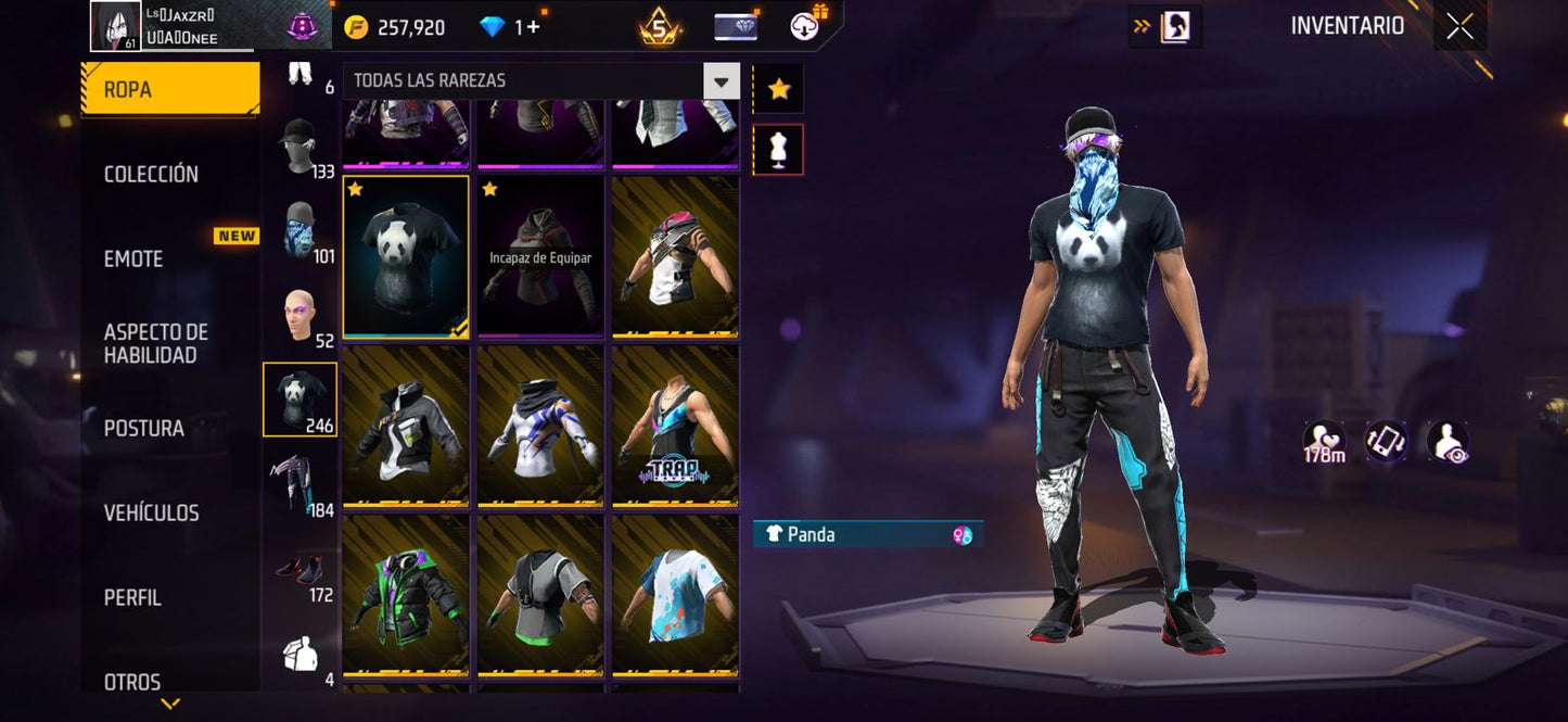 246 FREE FIRE!! CUENTA MIXTA CON 6 EVOS! Y BUENAS ARMAS!! MAS DE 200 PECHOS!! CUELLO DE TORTUGA! TRAJES DE NARUTO! SCORPION! MUCHA ROPA DE EVENTO!! ANGELICALES DE HOMBRE Y MUJER!! PERFECTA PARA COMBINAR CON TODO! REGION: EEUU (1099mx)