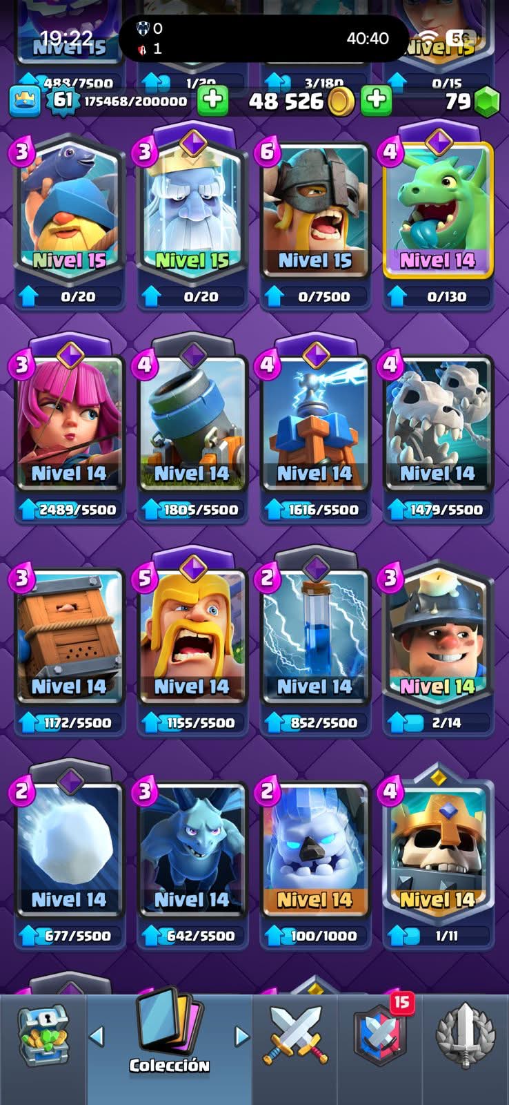 438 CLASH! MINI GRIAL! 10,030 COPAS! LIGA 7 COMPETITIVA! 1 CARTA AL 16 MAX! 18 CARTAS AL 15! 22 CARTAS AL 14! 1 HÉROE! 18 CARTAS EVOLUTIVAS! 79 EMOTES EXCLUSIVOS! 12 TORRES! INSIGNIA DE 4 AÑOS! (1249mx) @everyone