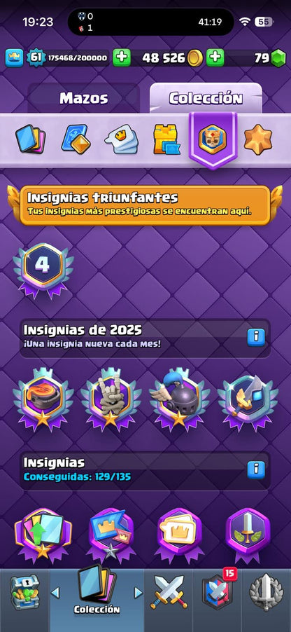 438 CLASH! MINI GRIAL! 10,030 COPAS! LIGA 7 COMPETITIVA! 1 CARTA AL 16 MAX! 18 CARTAS AL 15! 22 CARTAS AL 14! 1 HÉROE! 18 CARTAS EVOLUTIVAS! 79 EMOTES EXCLUSIVOS! 12 TORRES! INSIGNIA DE 4 AÑOS! (1249mx) @everyone