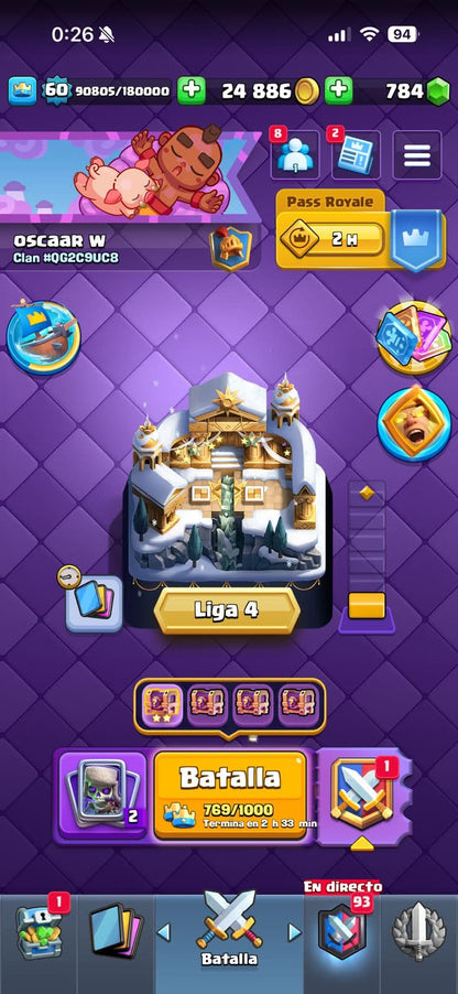 441 CLASH! MINI GRIAL! 10,062 COPAS! LIGA 4 COMPETITIVA! 15 CARTAS AL 15! 36 CARTAS AL 14! 1 HÉROE! 17 CARTAS EVOLUTIVAS! 103 EMOTES EXCLUSIVOS! 8 TORRES! INSIGNIA DE 6 AÑOS! (1049 mx) @everyone