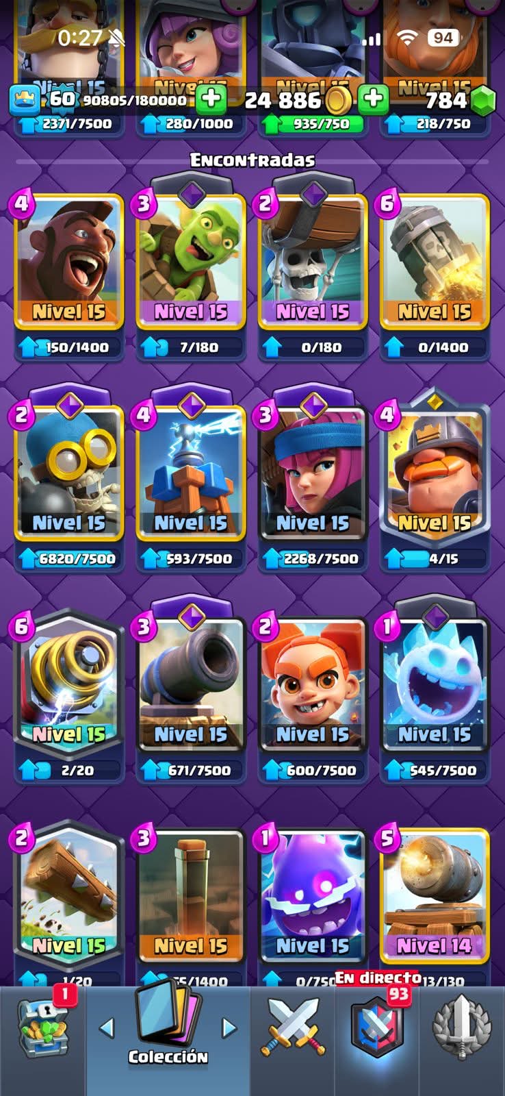 441 CLASH! MINI GRIAL! 10,062 COPAS! LIGA 4 COMPETITIVA! 15 CARTAS AL 15! 36 CARTAS AL 14! 1 HÉROE! 17 CARTAS EVOLUTIVAS! 103 EMOTES EXCLUSIVOS! 8 TORRES! INSIGNIA DE 6 AÑOS! (1049 mx) @everyone