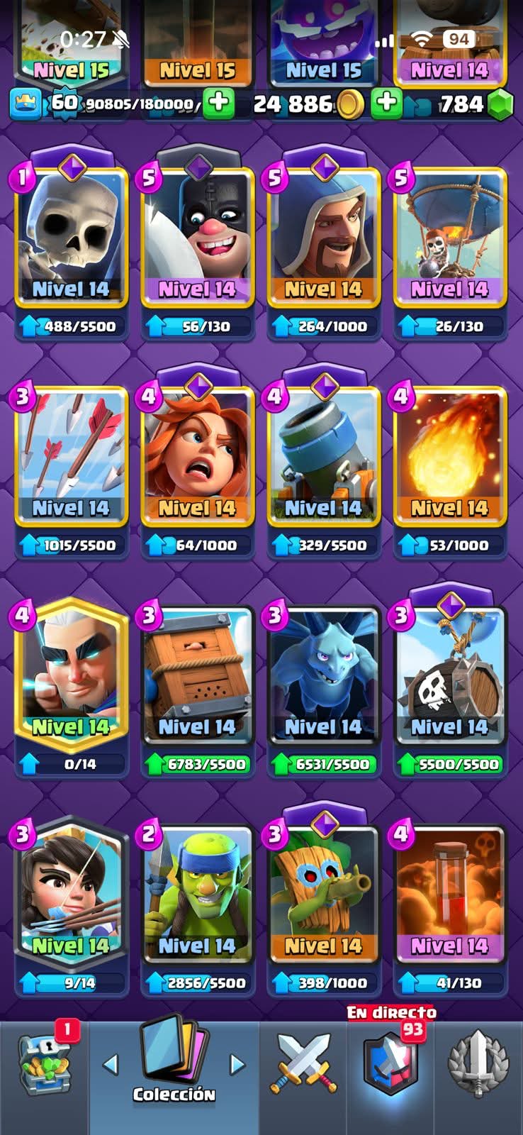 441 CLASH! MINI GRIAL! 10,062 COPAS! LIGA 4 COMPETITIVA! 15 CARTAS AL 15! 36 CARTAS AL 14! 1 HÉROE! 17 CARTAS EVOLUTIVAS! 103 EMOTES EXCLUSIVOS! 8 TORRES! INSIGNIA DE 6 AÑOS! (1049 mx) @everyone