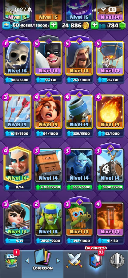 441 CLASH! MINI GRIAL! 10,062 COPAS! LIGA 4 COMPETITIVA! 15 CARTAS AL 15! 36 CARTAS AL 14! 1 HÉROE! 17 CARTAS EVOLUTIVAS! 103 EMOTES EXCLUSIVOS! 8 TORRES! INSIGNIA DE 6 AÑOS! (1049 mx) @everyone