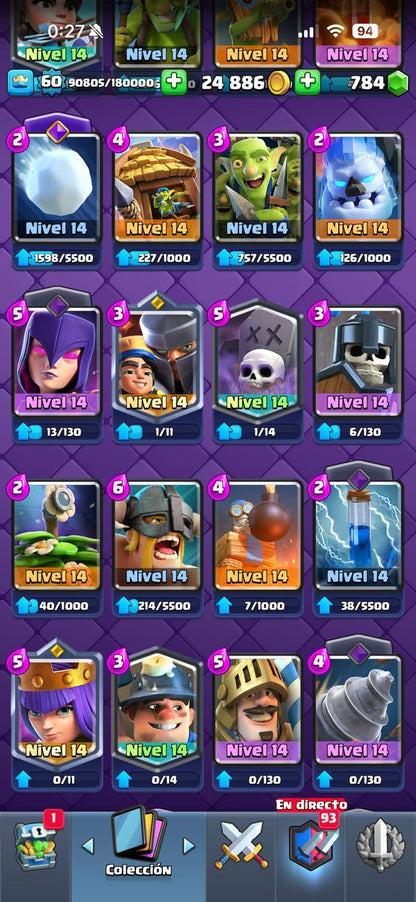 441 CLASH! MINI GRIAL! 10,062 COPAS! LIGA 4 COMPETITIVA! 15 CARTAS AL 15! 36 CARTAS AL 14! 1 HÉROE! 17 CARTAS EVOLUTIVAS! 103 EMOTES EXCLUSIVOS! 8 TORRES! INSIGNIA DE 6 AÑOS! (1049 mx) @everyone