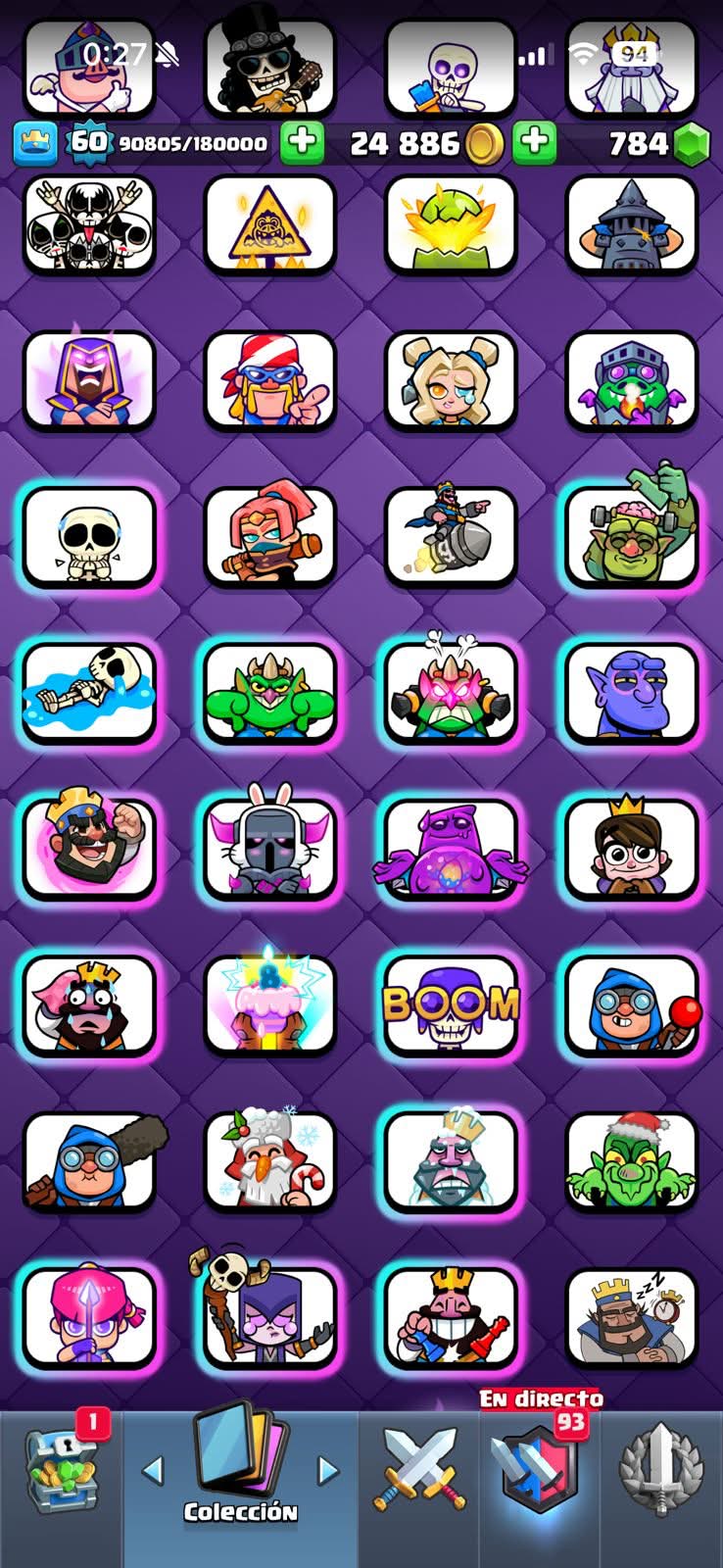 441 CLASH! MINI GRIAL! 10,062 COPAS! LIGA 4 COMPETITIVA! 15 CARTAS AL 15! 36 CARTAS AL 14! 1 HÉROE! 17 CARTAS EVOLUTIVAS! 103 EMOTES EXCLUSIVOS! 8 TORRES! INSIGNIA DE 6 AÑOS! (1049 mx) @everyone