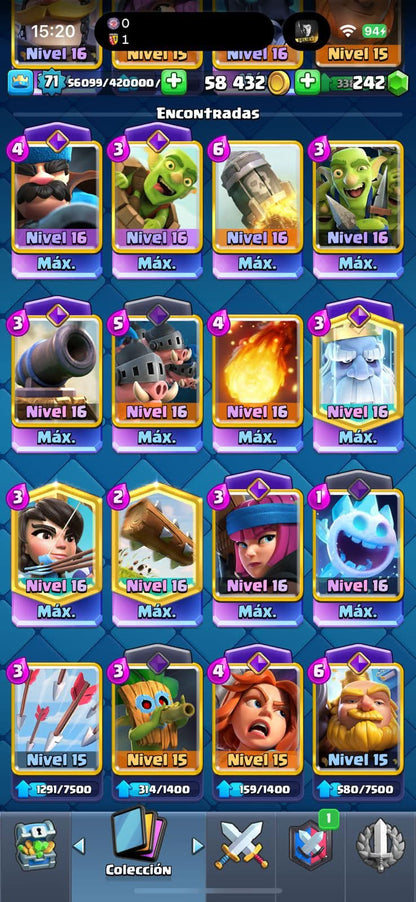 432 CLASH! MINI GRIAL! 10,327 COPAS! 12 CARTAS AL 16 MAX! 6 CARTAS AL 15! 42 CARTAS AL 14! 1 HEROE! 24 CARTAS EVOLUTIVAS! 125 EMOTES EXCLUSIVOS! 11 TORRES! INSIGNIA DE 5 AÑOS! (1899 mx) @everyone