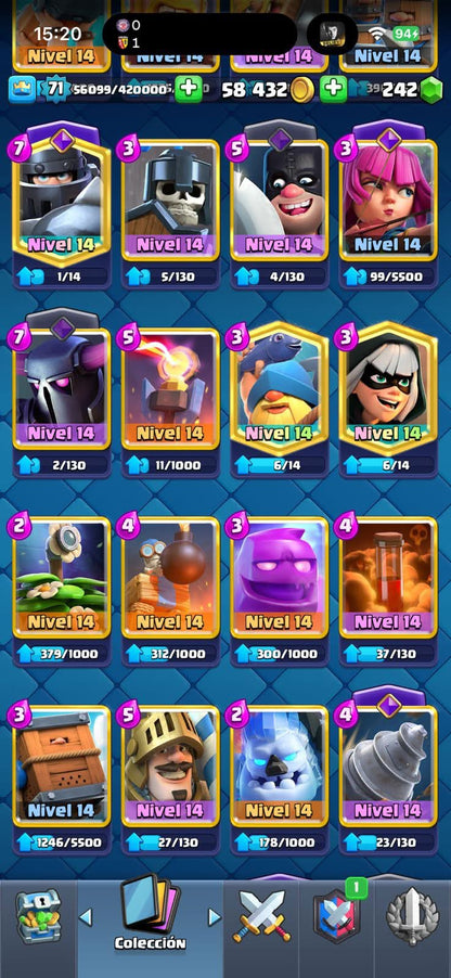 432 CLASH! MINI GRIAL! 10,327 COPAS! 12 CARTAS AL 16 MAX! 6 CARTAS AL 15! 42 CARTAS AL 14! 1 HEROE! 24 CARTAS EVOLUTIVAS! 125 EMOTES EXCLUSIVOS! 11 TORRES! INSIGNIA DE 5 AÑOS! (1899 mx) @everyone