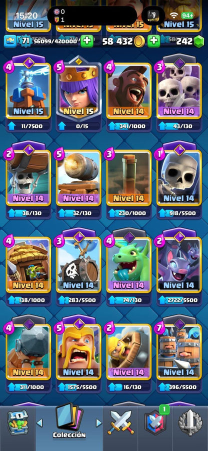 432 CLASH! MINI GRIAL! 10,327 COPAS! 12 CARTAS AL 16 MAX! 6 CARTAS AL 15! 42 CARTAS AL 14! 1 HEROE! 24 CARTAS EVOLUTIVAS! 125 EMOTES EXCLUSIVOS! 11 TORRES! INSIGNIA DE 5 AÑOS! (1899 mx) @everyone