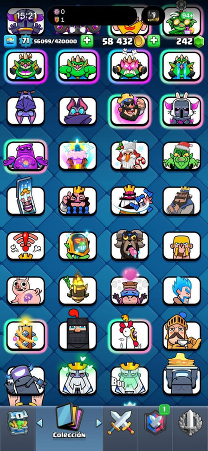 432 CLASH! MINI GRIAL! 10,327 COPAS! 12 CARTAS AL 16 MAX! 6 CARTAS AL 15! 42 CARTAS AL 14! 1 HEROE! 24 CARTAS EVOLUTIVAS! 125 EMOTES EXCLUSIVOS! 11 TORRES! INSIGNIA DE 5 AÑOS! (1899 mx) @everyone