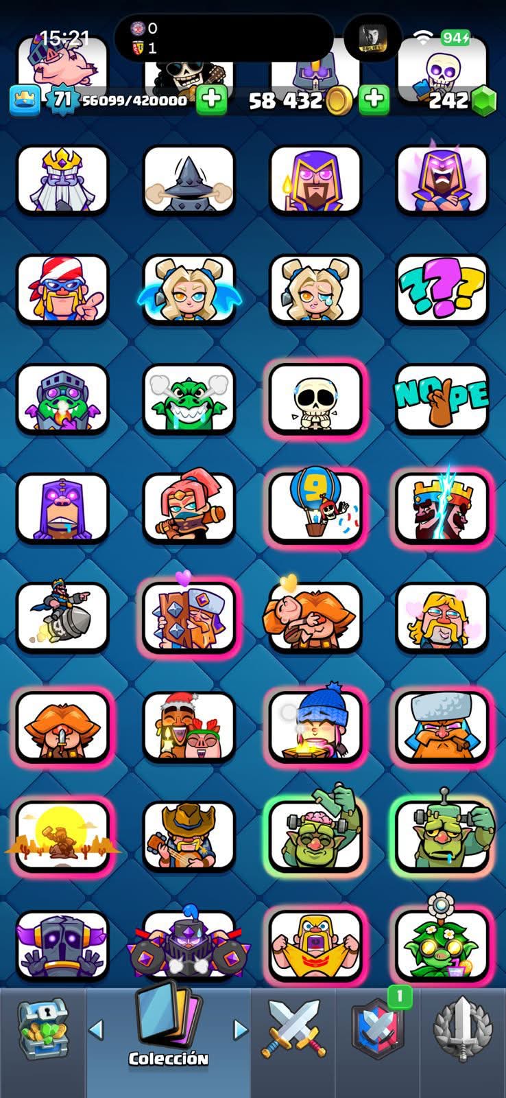 432 CLASH! MINI GRIAL! 10,327 COPAS! 12 CARTAS AL 16 MAX! 6 CARTAS AL 15! 42 CARTAS AL 14! 1 HEROE! 24 CARTAS EVOLUTIVAS! 125 EMOTES EXCLUSIVOS! 11 TORRES! INSIGNIA DE 5 AÑOS! (1899 mx) @everyone