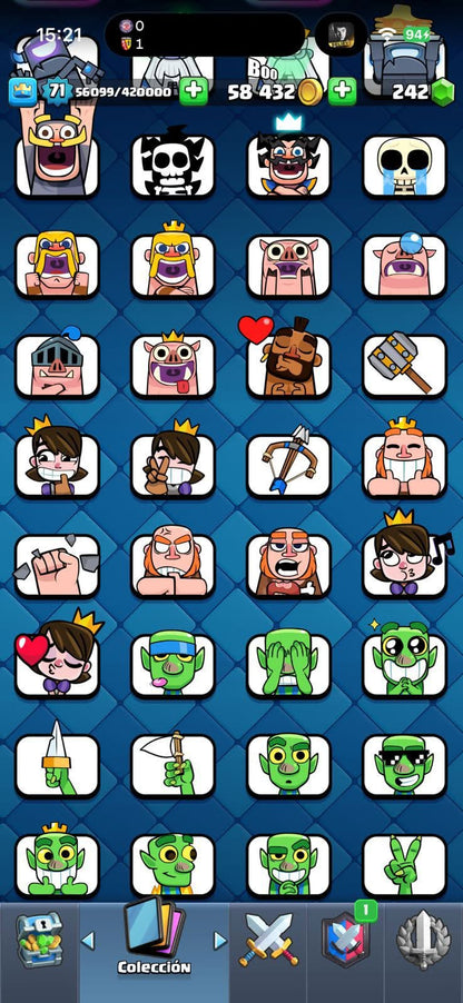 432 CLASH! MINI GRIAL! 10,327 COPAS! 12 CARTAS AL 16 MAX! 6 CARTAS AL 15! 42 CARTAS AL 14! 1 HEROE! 24 CARTAS EVOLUTIVAS! 125 EMOTES EXCLUSIVOS! 11 TORRES! INSIGNIA DE 5 AÑOS! (1899 mx) @everyone