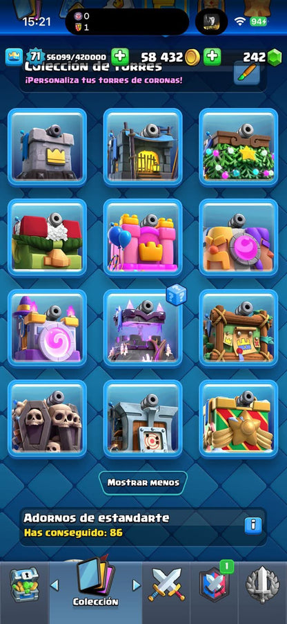 432 CLASH! MINI GRIAL! 10,327 COPAS! 12 CARTAS AL 16 MAX! 6 CARTAS AL 15! 42 CARTAS AL 14! 1 HEROE! 24 CARTAS EVOLUTIVAS! 125 EMOTES EXCLUSIVOS! 11 TORRES! INSIGNIA DE 5 AÑOS! (1899 mx) @everyone