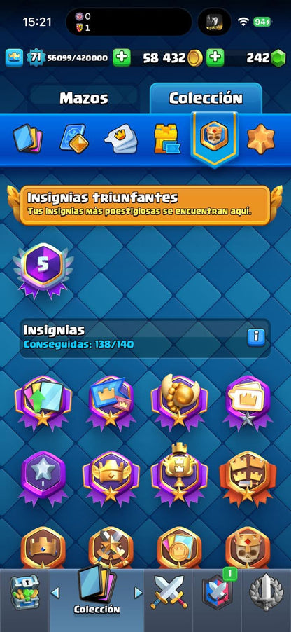 432 CLASH! MINI GRIAL! 10,327 COPAS! 12 CARTAS AL 16 MAX! 6 CARTAS AL 15! 42 CARTAS AL 14! 1 HEROE! 24 CARTAS EVOLUTIVAS! 125 EMOTES EXCLUSIVOS! 11 TORRES! INSIGNIA DE 5 AÑOS! (1899 mx) @everyone