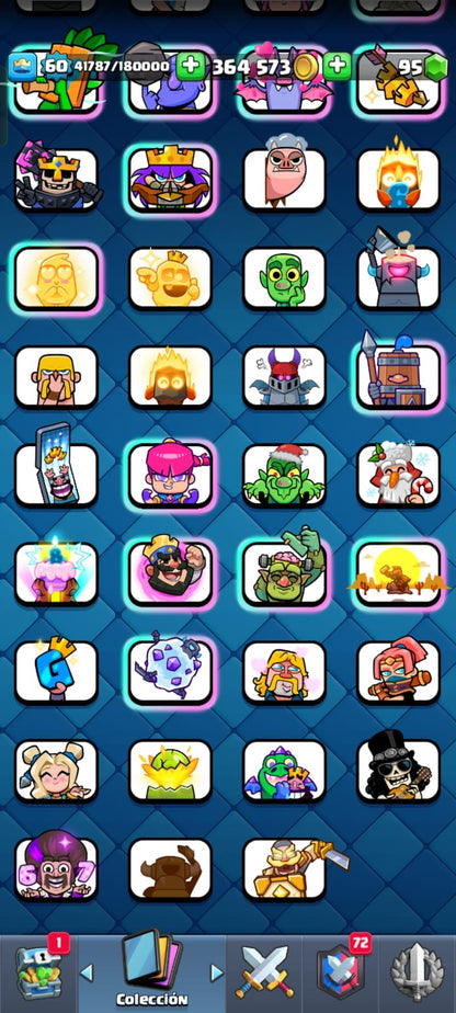 495 CLASH! 10059 COPAS! 2 CARTAS AL NIVEL 16! 10 CARTAS AL NIVEL 15! 19 CARTAS AL NIVEL 14! 13 CARTAS HÉROES DESBLOQUEADAS! 104 EMOTES DE LOS MAS PEDIDOS! 18 TORRES! INSIGNIA DE 5 AÑOS!! (799 MX) @everyone