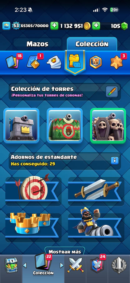 473 CLASH! 10,568 COPAS! 1 CARTA AL 16 MAX! 4 CARTAS AL 15! 8 CARTAS AL 14! 1 HÉROE! 5 CARTAS EVOLUTIVAS! 34 EMOTES BUENOS! 2 TORRES! INSIGNIA OG DE 9 AÑOS! +1M EN MONEDAS! (549 MX) @everyone