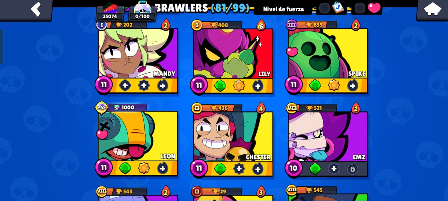 88 BRAWL! CUENTA CON 35074 COPAS! 81/99 BRAWLERS DESBLOQUEADOS! 16 BRAWLERS CON HIPERCARGA! 7 BRAWLERS CON FUERZA MÁXIMA! 2 BRAWLERS CON ASPECTOS LEGENDARIOS! 5 BRAWLERS CON ASPECTOS DE HIPERCARGA! (499 MX) @everyone