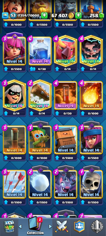 478 CLASH! 8323 COPAS! 3 CARTAS AL NIVEL 15! 32 CARTAS AL NIVEL 14! 2 CARTAS EVOLUTIVAS CONSEGUIDAS! 95 EMOTES! 10 TORRES! INSIGNIA DE 9 AÑOS! (799 MX) @everyone