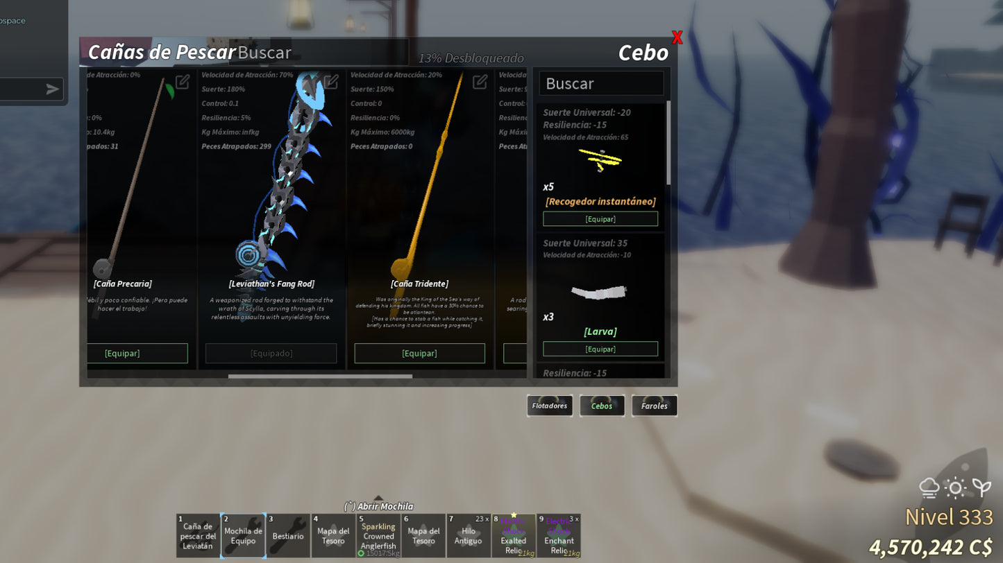 539 ROBLOX FISCH CON BUENAS CAÑAS, CEBOS, NIVEL 333, BUEN EC! PRECIO: