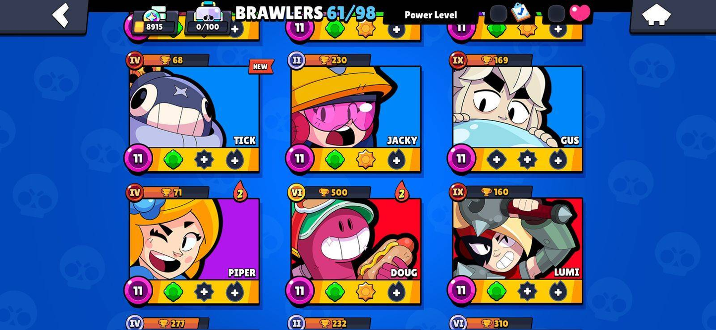79 BRAWL! 61/98 BRAWLERS! 9 BRAWLERS CON HYPERCARGA! 9 BRAWLERS AL MAX! 8,915 COPAS! 1,591 PUNTOS ESTELARES! SKINS MUY BUENAS! (399 MX) @everyone