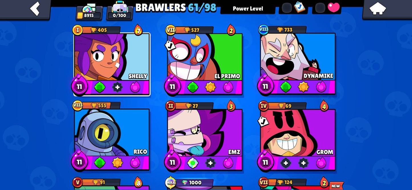 79 BRAWL! 61/98 BRAWLERS! 9 BRAWLERS CON HYPERCARGA! 9 BRAWLERS AL MAX! 8,915 COPAS! 1,591 PUNTOS ESTELARES! SKINS MUY BUENAS! (399 MX) @everyone